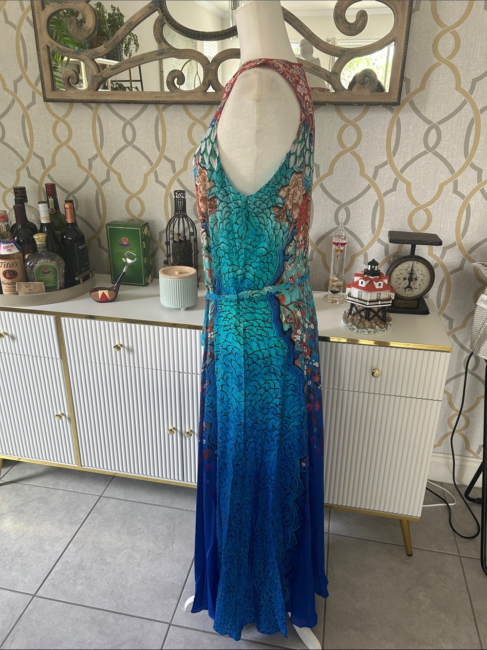 GOTTEX Silk Blue Multicolor Maxi cover up/dress with Floral & Feather Motif - Picture 4 of 12